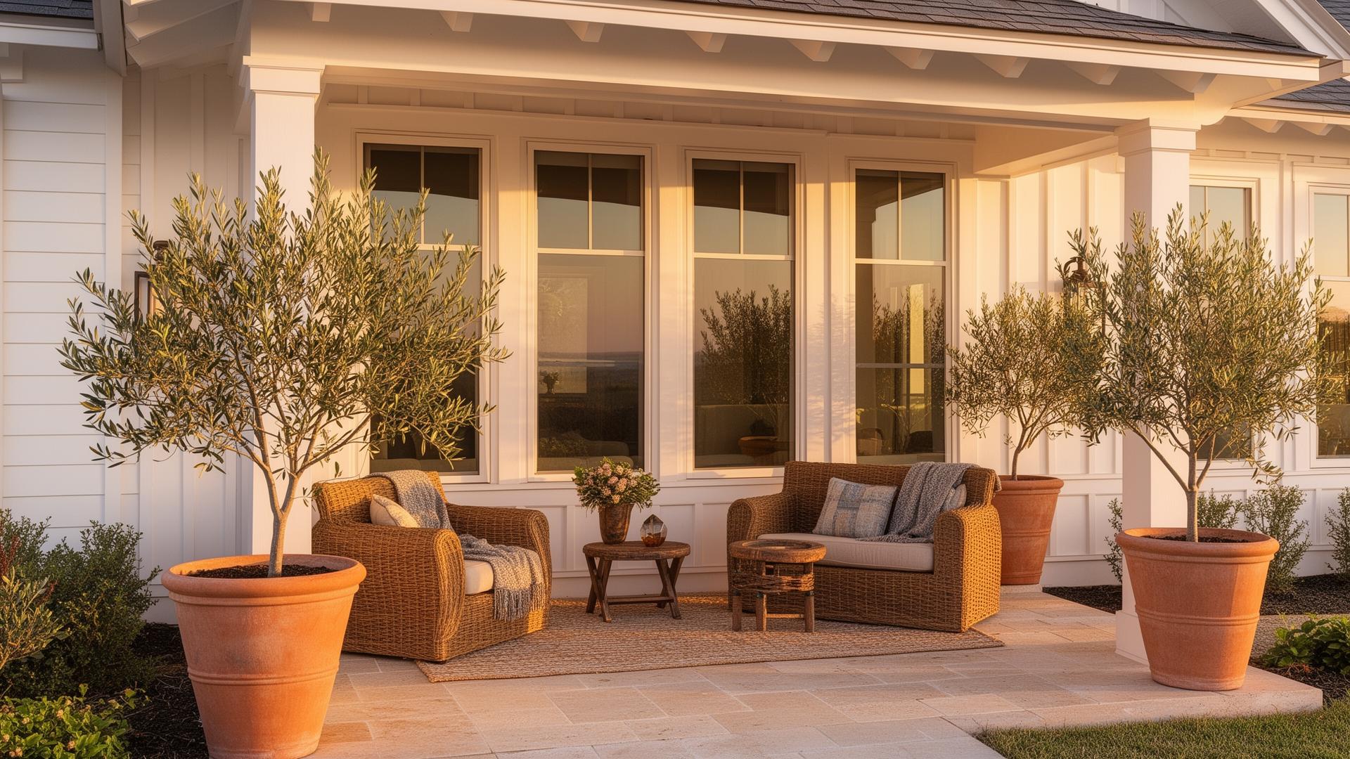 Coastal Texas porch with olive trees
